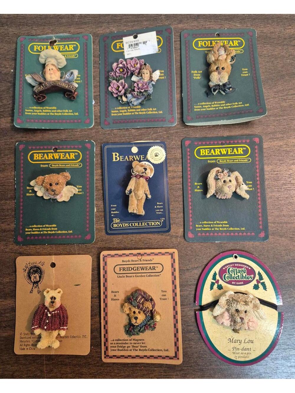 Boyds Bears and Friends Collectible Bearwear Pins and Magnets 9 piece set